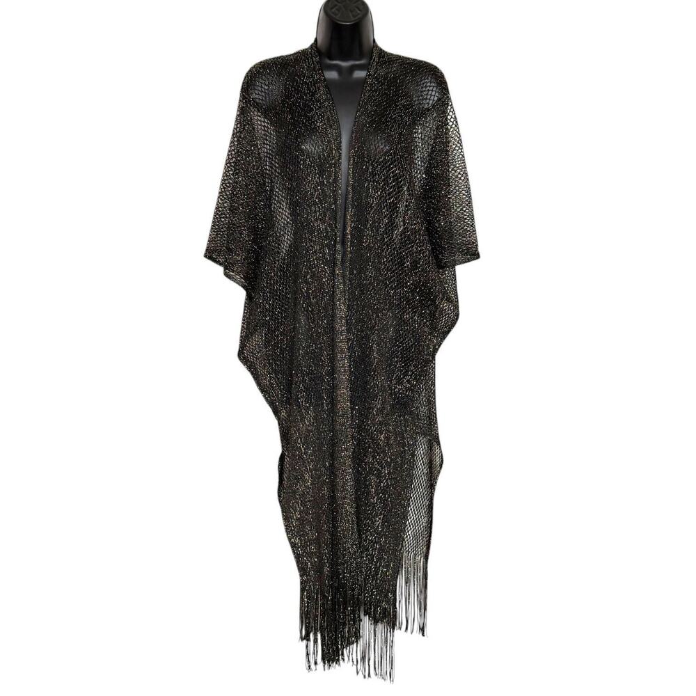 Ellie & Kate Black Gold Metallic Lace Open Knit Kimono Fringe Boho Festival OS